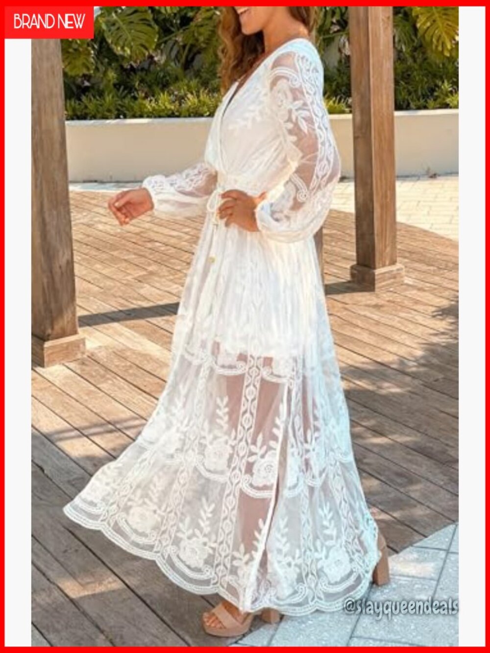 V Neck Floral Lace Maxi Wedding Dress Long Sleeve Flowy Formal Party Dress - Picture 4 of 5